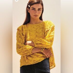 Anthropologie Yellow Ruffled Long Sleeve Bib Collar Blouse